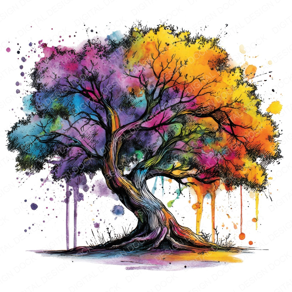 Neon Watercolour Tree fussy cut sheet in US Letter format showing all 12 designs on one printable page