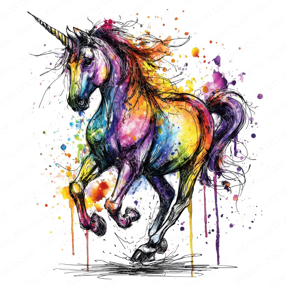 Neon Watercolour Unicorn fussy cut sheet in US Letter format showing all 12 designs on one printable page