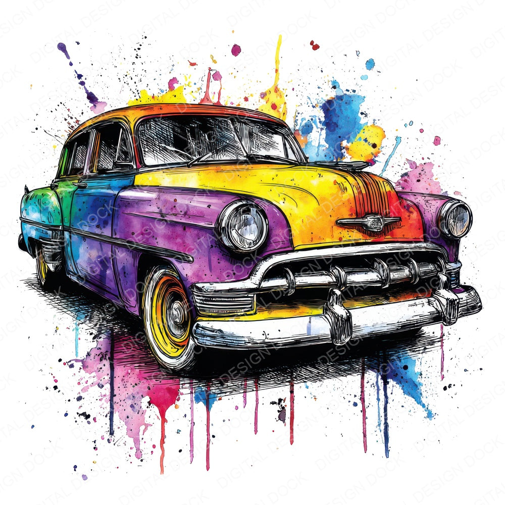 Neon Watercolour Vintage Car fussy cut sheet in US Letter format showing all 12 designs on one printable page