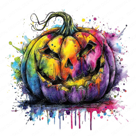 Neon Watercolour halloween Pumpkin fussy cut sheet in US Letter format showing all 12 designs on one printable page