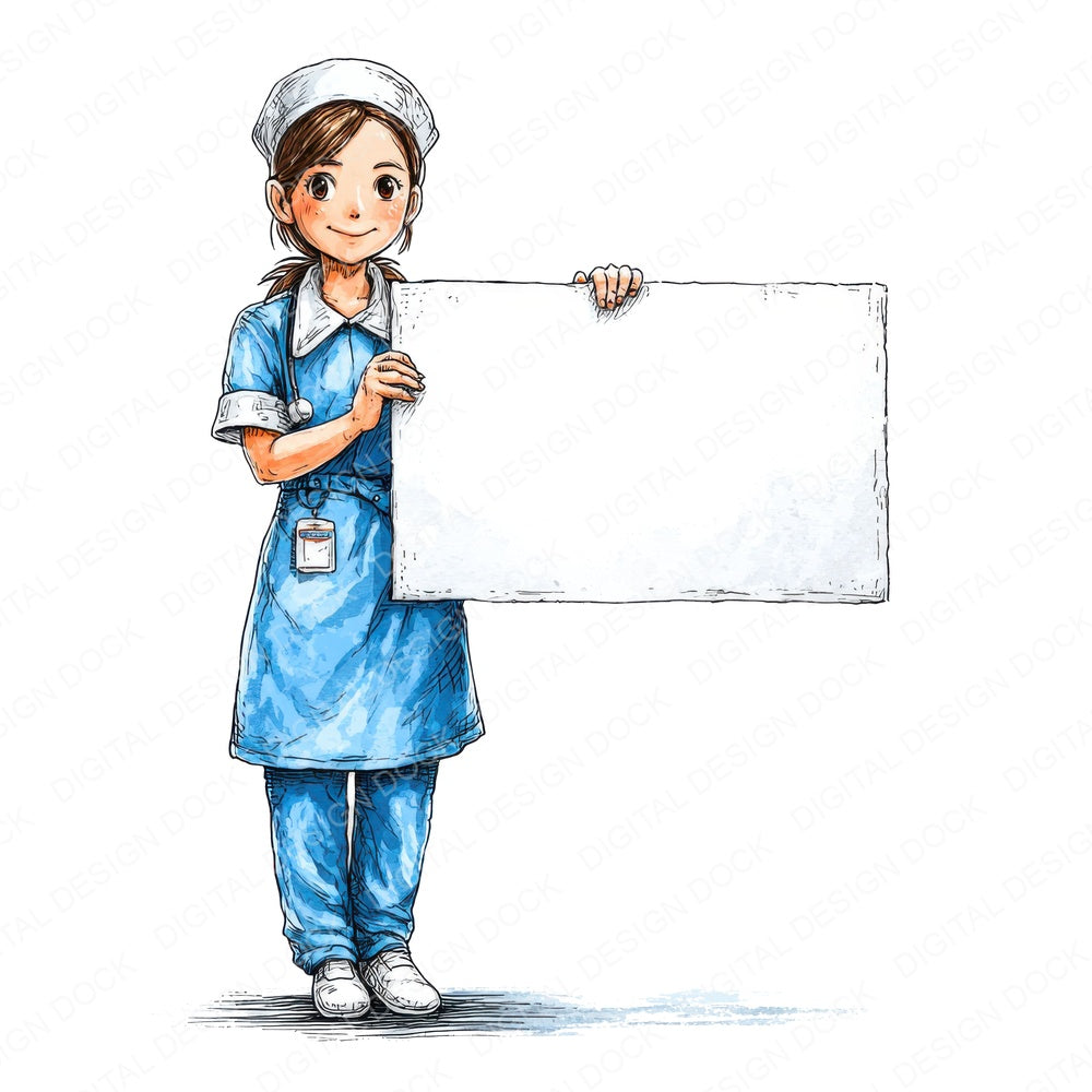 Nurse Character Holding Blank Banner fussy cut sheet in US Letter format showing all 12 designs on one printable page