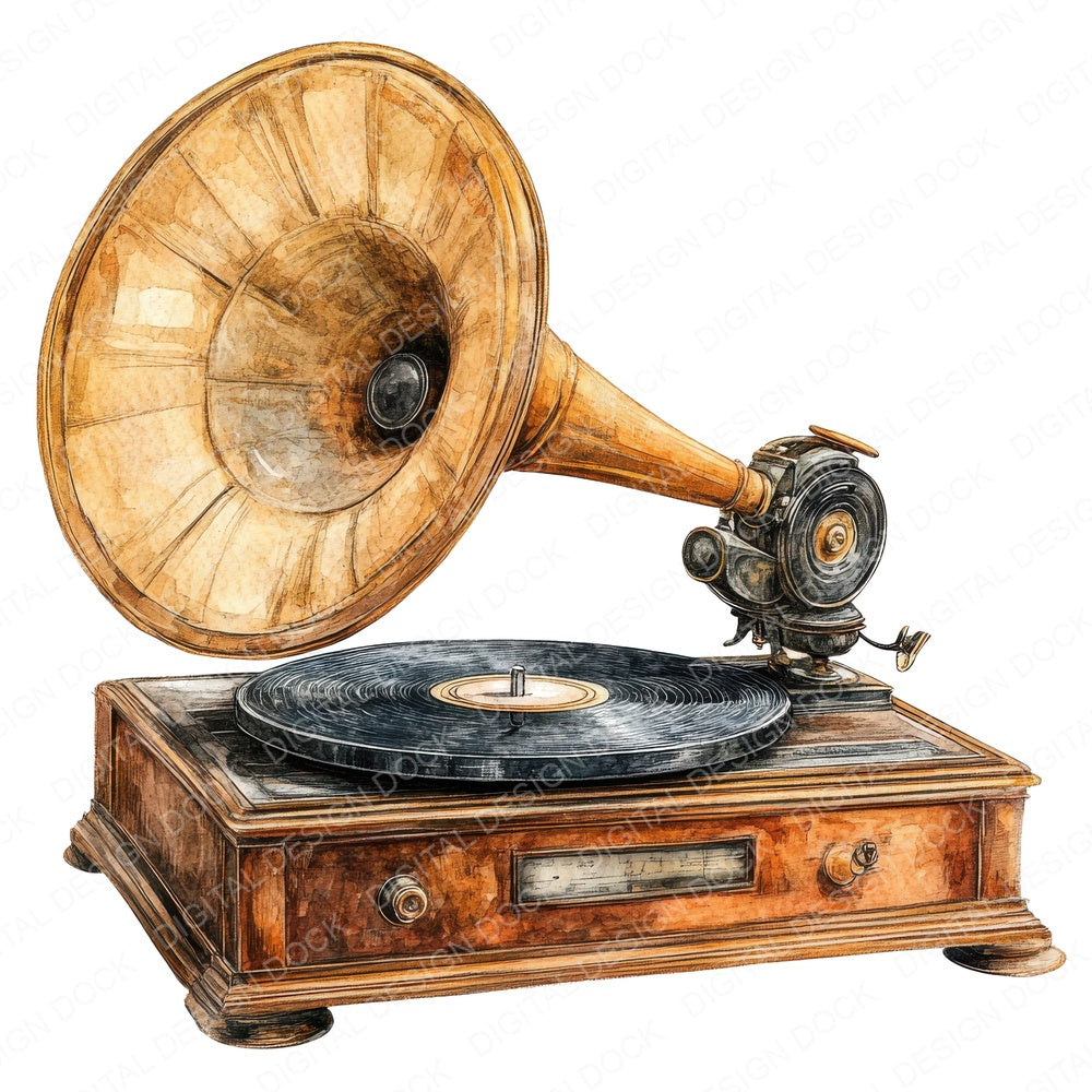 Old Fashioned Gramophone fussy cut sheet in US Letter format showing all 12 designs on one printable page