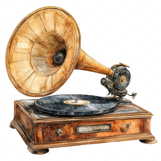 Old Fashioned Gramophone fussy cut sheet in US Letter format showing all 12 designs on one printable page