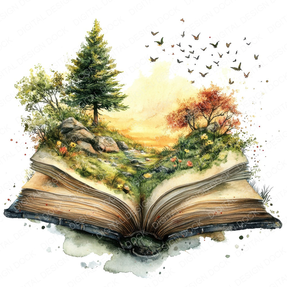 Open Book Magical Landscape B fussy cut sheet in US Letter format showing all 12 designs on one printable page