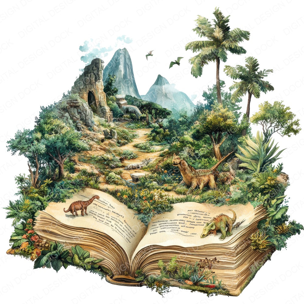 Open Book Prehistoric fussy cut sheet in US Letter format showing all 12 designs on one printable page