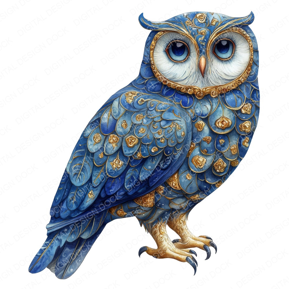 Owl Baroque Blue and Gold fussy cut sheet in US Letter format showing all 12 designs on one printable page