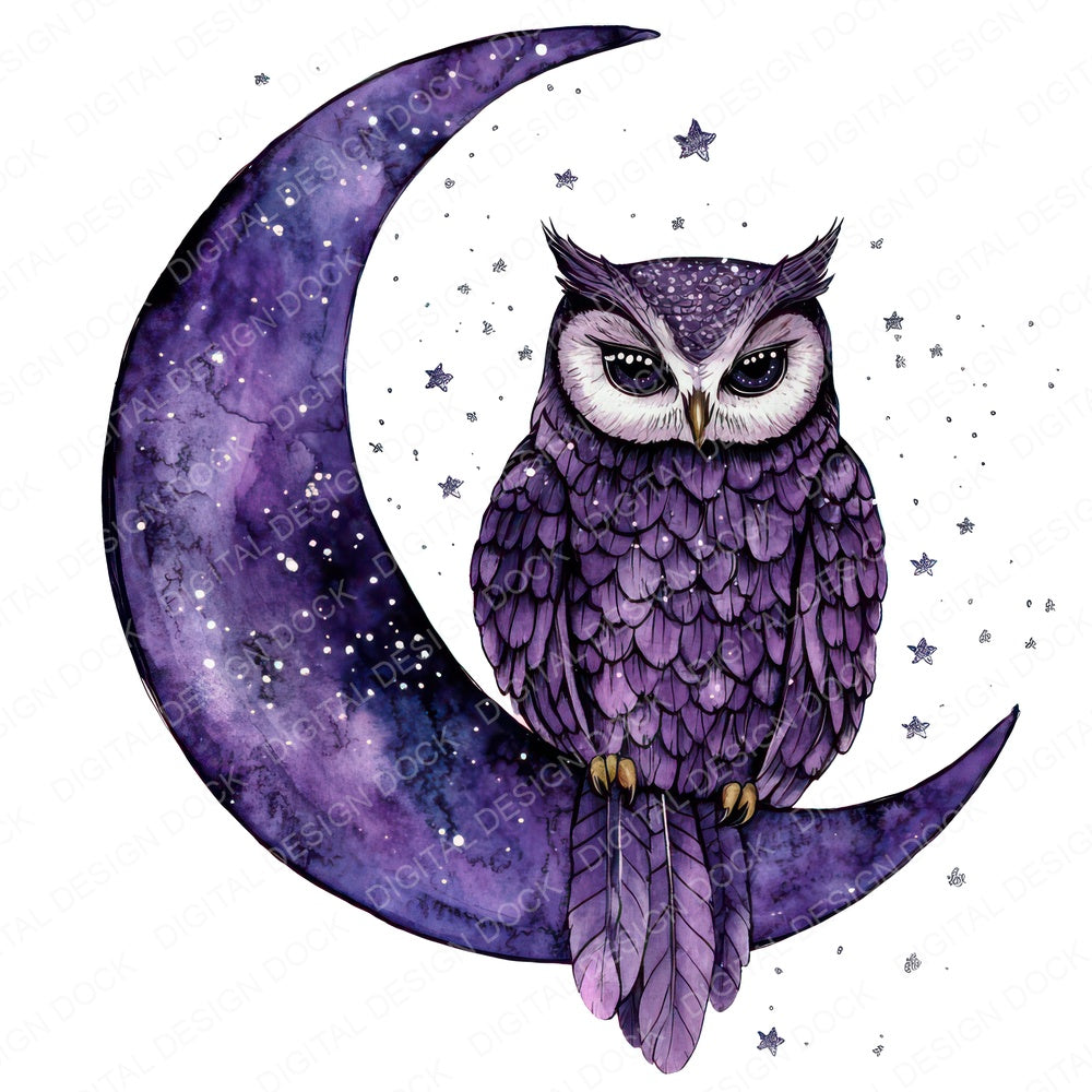 Owl on Crescent Moon fussy cut sheet in US Letter format showing all 12 designs on one printable page
