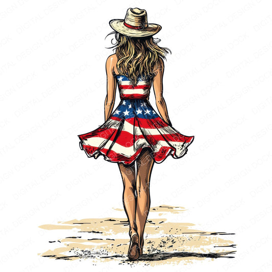 Patriotic USA Dress Woman on Beach fussy cut sheet in US Letter format showing all 12 designs on one printable page