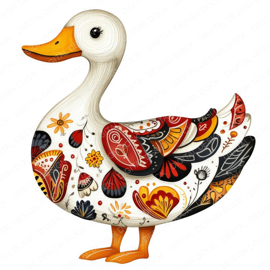 Patterned Folk Art Duck fussy cut sheet in US Letter format showing all 12 designs on one printable page