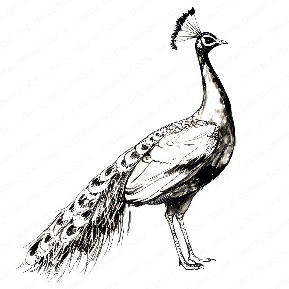 Peacock Pencil Sketch fussy cut sheet in US Letter format showing all 12 designs on one printable page