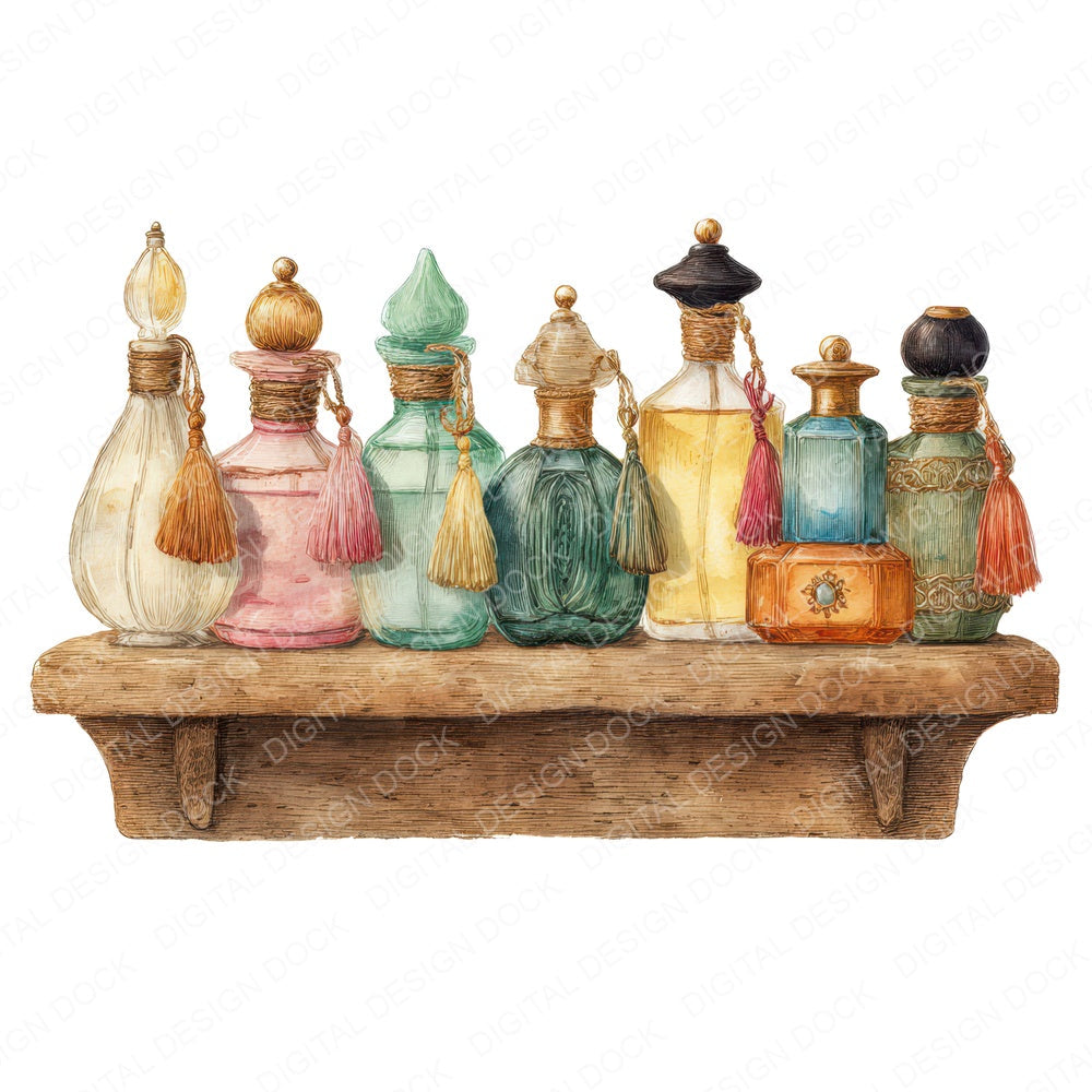 Perfume Bottle Shelf fussy cut sheet in US Letter format showing all 12 designs on one printable page