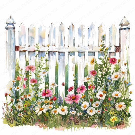 Picket Gate Fence Wildflowers fussy cut sheet in US Letter format showing all 12 designs on one printable page