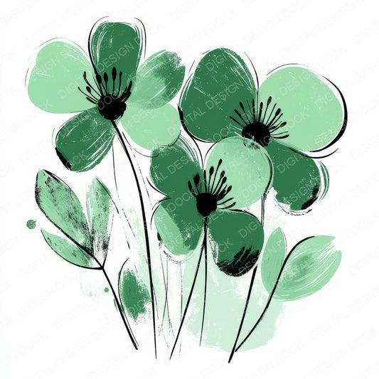 Pine Green Abstract Flowers fussy cut sheet in US Letter format showing all 12 designs on one printable page