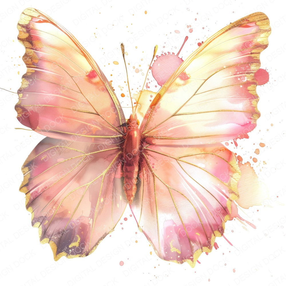Pink and Gold Butterfly fussy cut sheet in US Letter format showing all 12 designs on one printable page