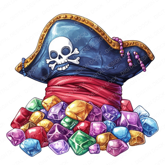 Pirate Hat on Gems and Jewels Pile fussy cut sheet in US Letter format showing all 12 designs on one printable page