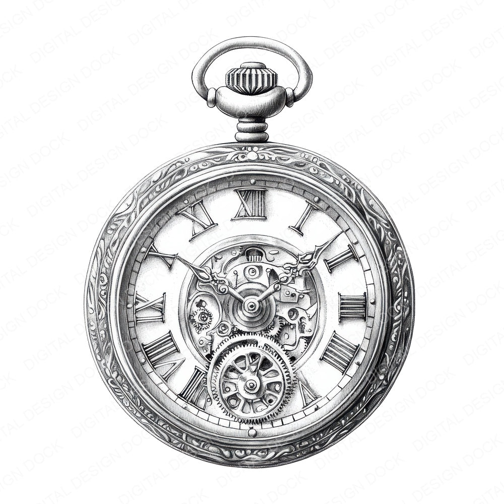Pocket Watch Drawing fussy cut sheet in US Letter format showing all 12 designs on one printable page