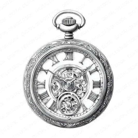 Pocket Watch Drawing fussy cut sheet in US Letter format showing all 12 designs on one printable page