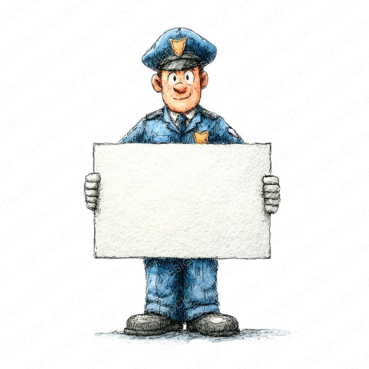 Policeman Holding Blank Banner fussy cut sheet in US Letter format showing all 12 designs on one printable page