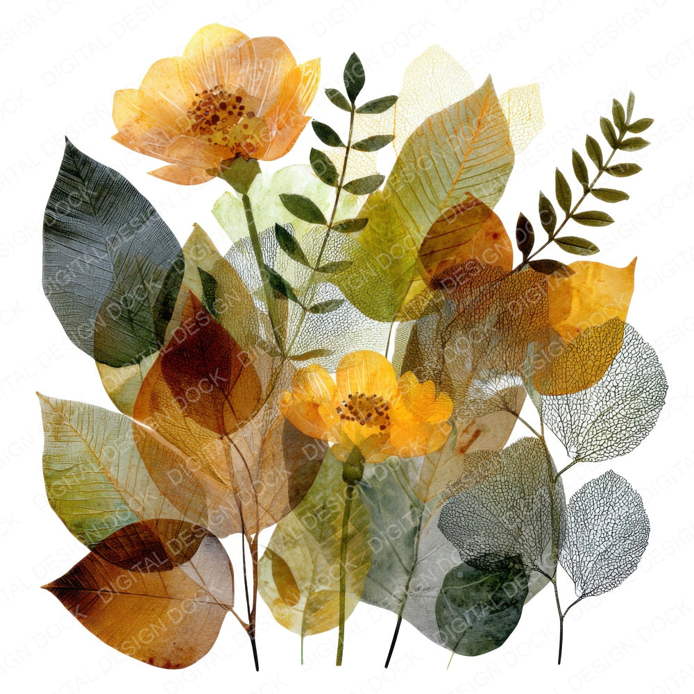 Pressed Leaf Collage fussy cut sheet in US Letter format showing all 12 designs on one printable page