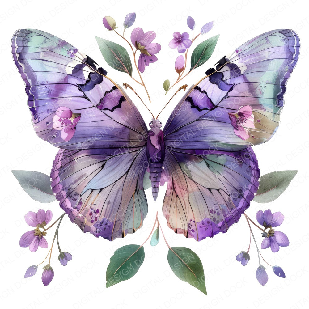 Purple Watercolour Floral Butterfly fussy cut sheet in US Letter format showing all 12 designs on one printable page