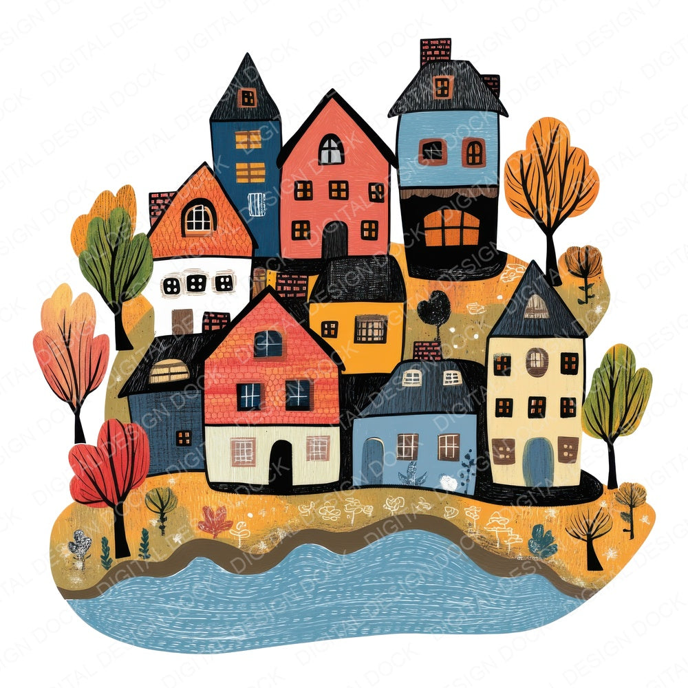 Quaint Riverside Village fussy cut sheet in US Letter format showing all 12 designs on one printable page