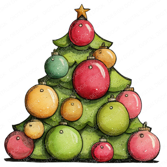 Quirky Cartoon Christmas Tree fussy cut sheet in US Letter format showing all 12 designs on one printable page