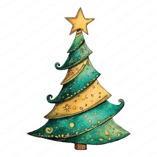Quirky Xmas Tree fussy cut sheet in US Letter format showing all 12 designs on one printable page