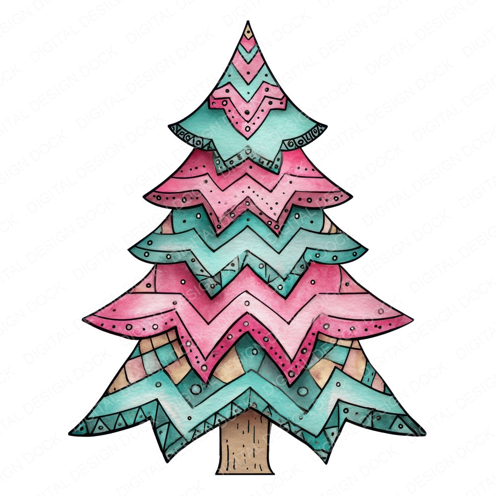 Quirky Zigzag Christmas Tree fussy cut sheet in US Letter format showing all 12 designs on one printable page