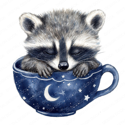 Raccoon in Starry Teacup fussy cut sheet in US Letter format showing all 12 designs on one printable page