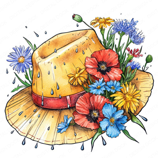 Rain Hat with Wildflowers fussy cut sheet in US Letter format showing all 12 designs on one printable page