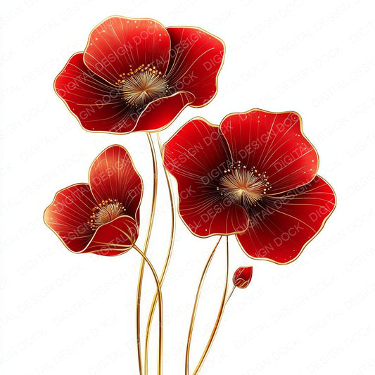 Red and Gold Abstract Flowers fussy cut sheet in US Letter format showing all 12 designs on one printable page
