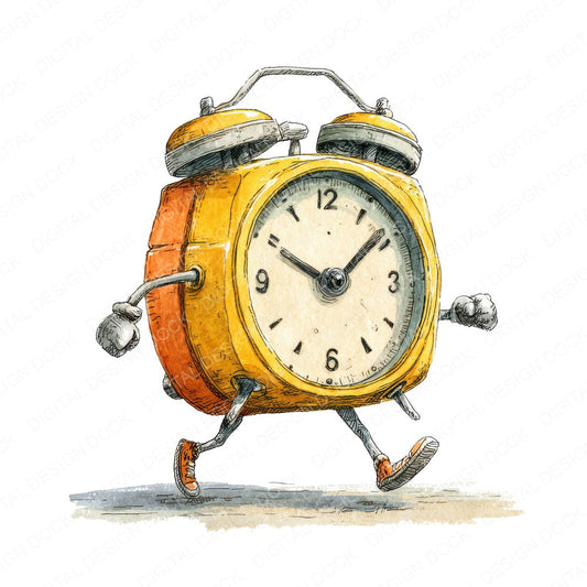 Retro Alarm Clock Character fussy cut sheet in US Letter format showing all 12 designs on one printable page
