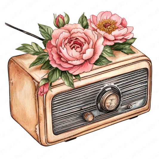 Retro Radio with Florals fussy cut sheet in US Letter format showing all 12 designs on one printable page