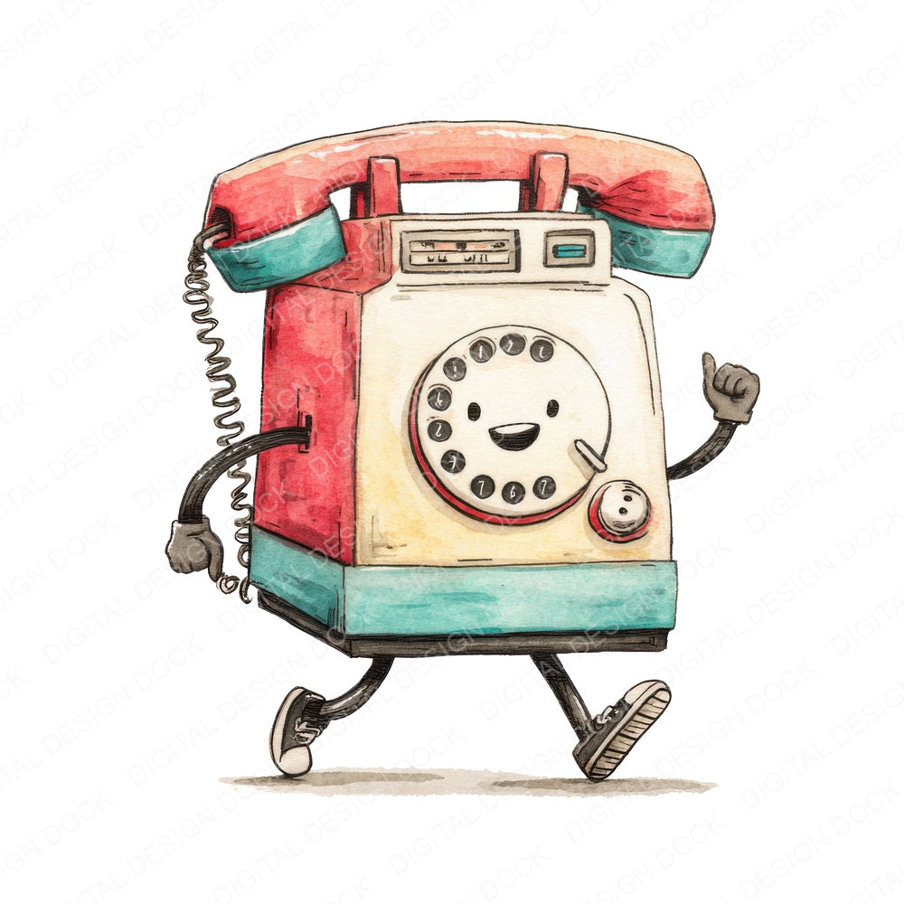 Retro Telephone Character fussy cut sheet in US Letter format showing all 12 designs on one printable page