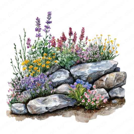 Rock Garden with Wildflowers fussy cut sheet in US Letter format showing all 12 designs on one printable page
