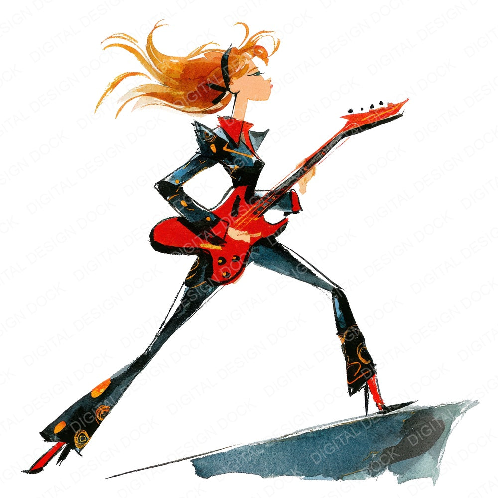 Rock Guitarist Woman fussy cut sheet in US Letter format showing all 12 designs on one printable page