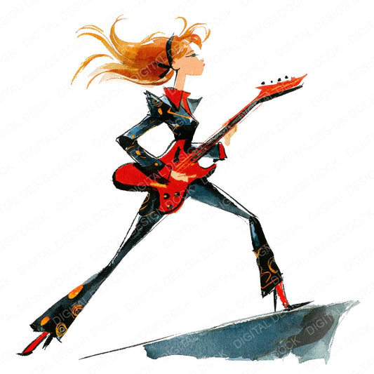 Rock Guitarist Woman fussy cut sheet in US Letter format showing all 12 designs on one printable page