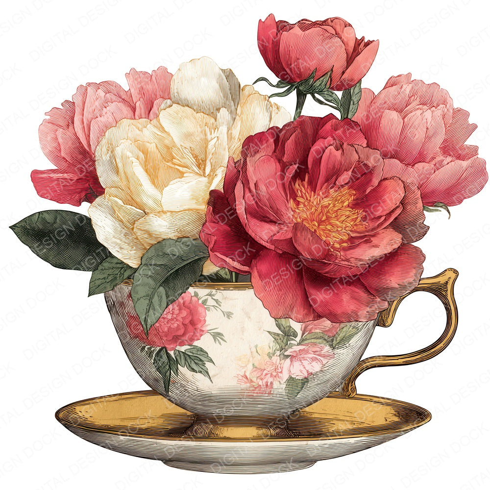 Rose Peony Teacup fussy cut sheet in US Letter format showing all 12 designs on one printable page