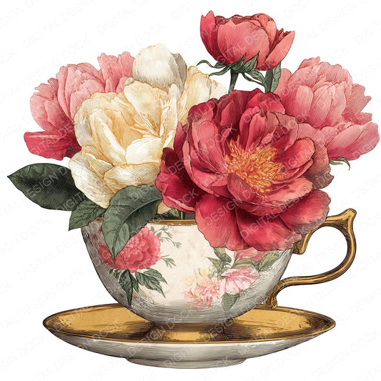 Rose Peony Teacup fussy cut sheet in US Letter format showing all 12 designs on one printable page