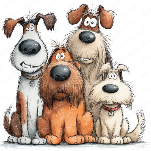 Row of Quirky Dogs fussy cut sheet in US Letter format showing all 12 designs on one printable page