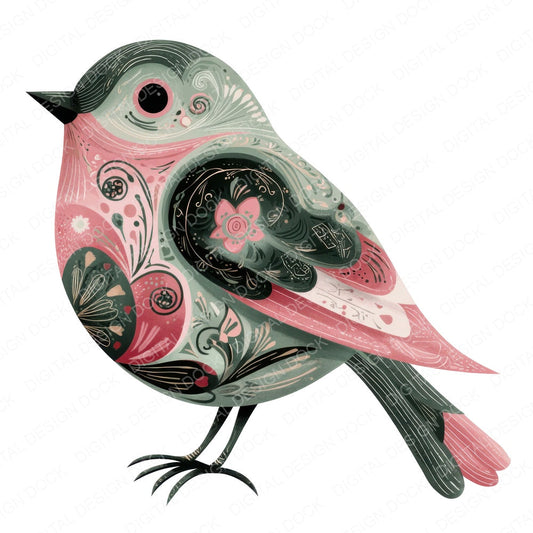 Sage Folk Art Bird fussy cut sheet in US Letter format showing all 12 designs on one printable page
