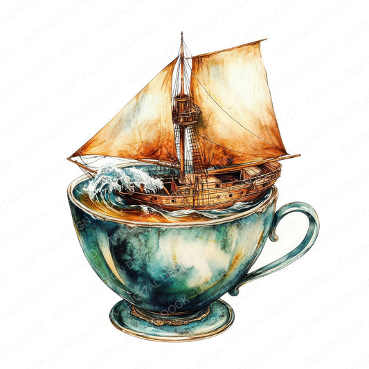 Sailing Teacup Scene fussy cut sheet in US Letter format showing all 12 designs on one printable page