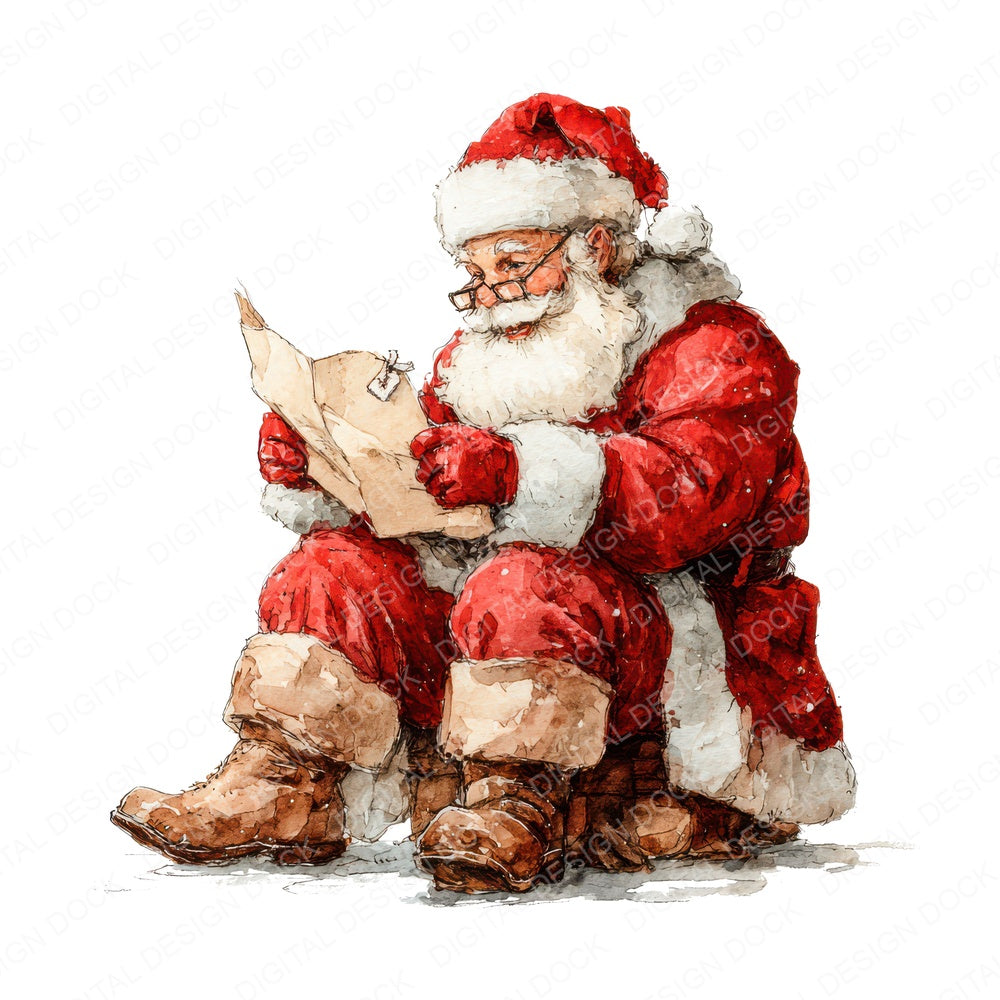 Santa Reading Letters fussy cut sheet in US Letter format showing all 12 designs on one printable page