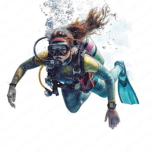 Scuba Diving Woman fussy cut sheet in US Letter format showing all 12 designs on one printable page