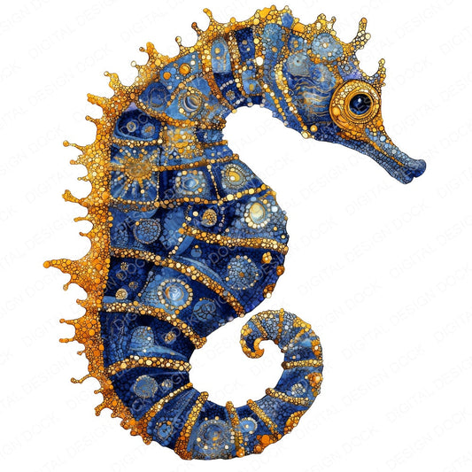 Sea Horse Baroque Blue and Gold fussy cut sheet in US Letter format showing all 12 designs on one printable page