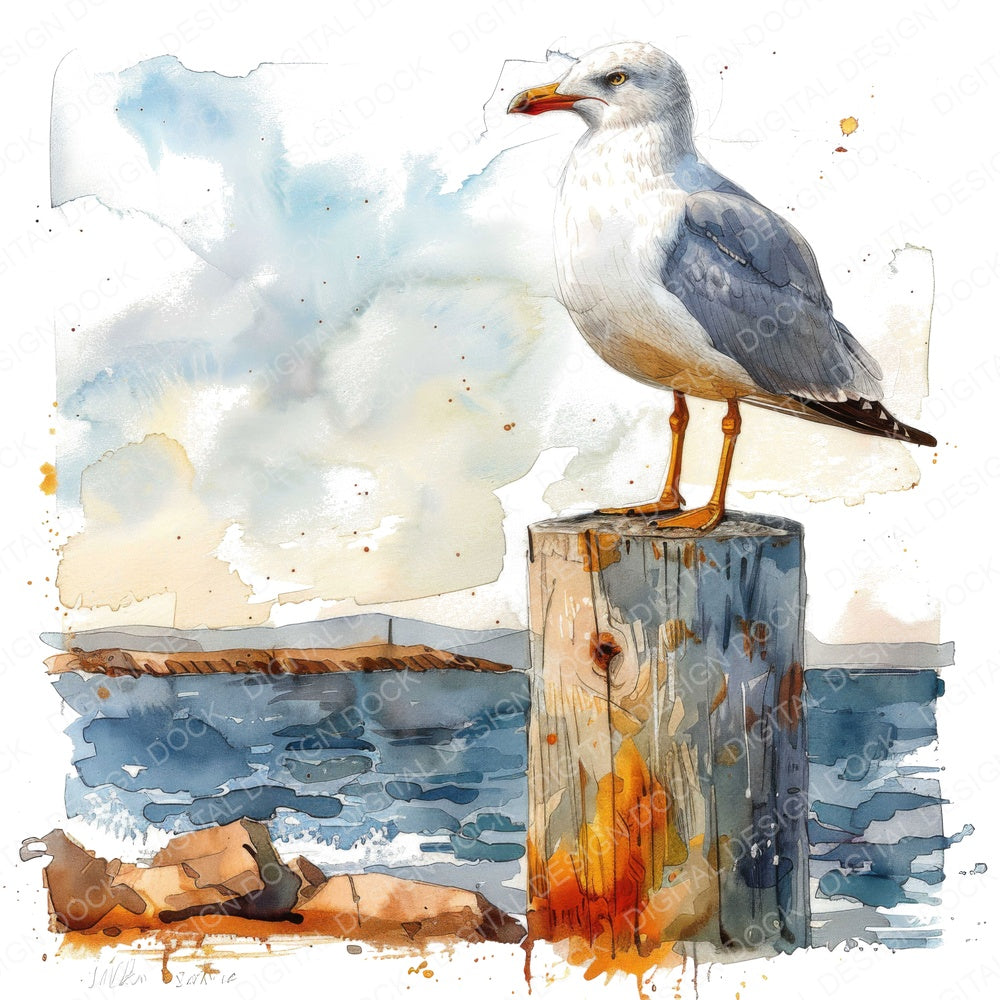 Seagull Perched on a Wooden Post fussy cut sheet in US Letter format showing all 12 designs on one printable page