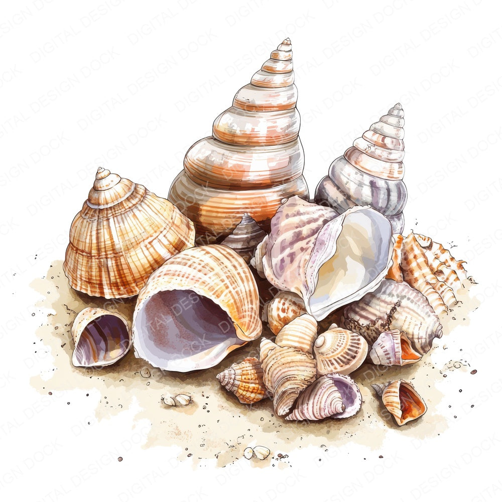 Seashell Collection fussy cut sheet in US Letter format showing all 12 designs on one printable page