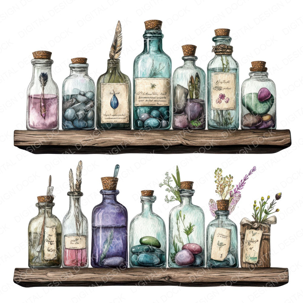 Shelf with Glass Bottles fussy cut sheet in US Letter format showing all 12 designs on one printable page