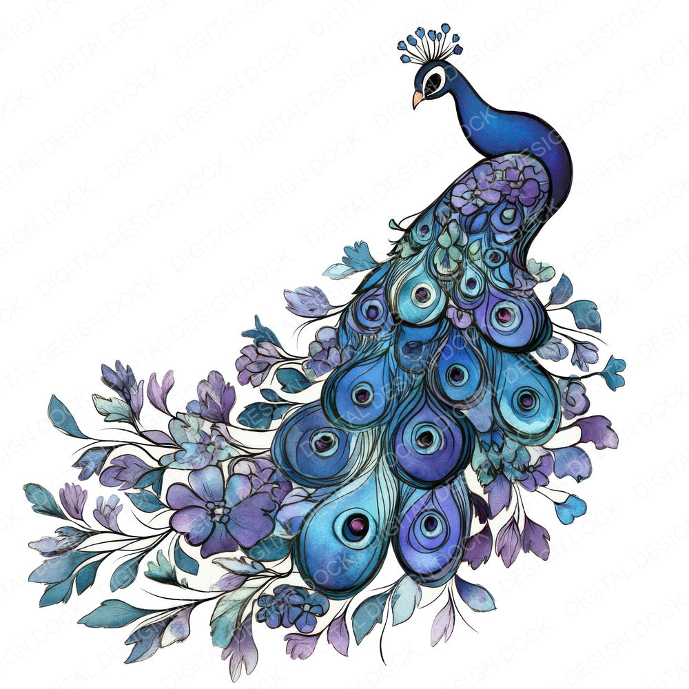 Sitting Peacock with Florals fussy cut sheet in US Letter format showing all 12 designs on one printable page