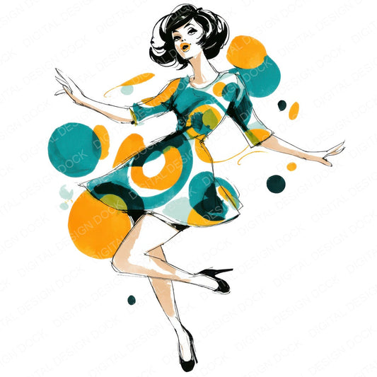 Sixties Dance Woman fussy cut sheet in US Letter format showing all 12 designs on one printable page